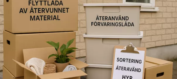 "Flyttlådor av återvunnet material, återanvända förvaringslådor och sortering av prylar – symboliserar hållbar flytt med fokus på återanvändning, hyra och minimal miljöpåverkan"